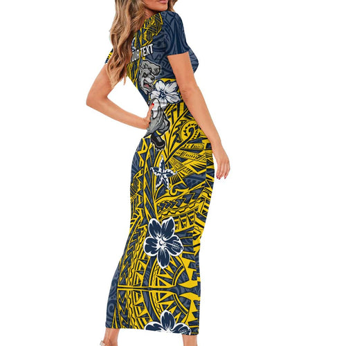 Personalised North Queensland Cowboys Family Matching Short Sleeve Bodycon Dress and Hawaiian Shirt Polynesian Tribal Pattern With Rugby Bull Mascot Art