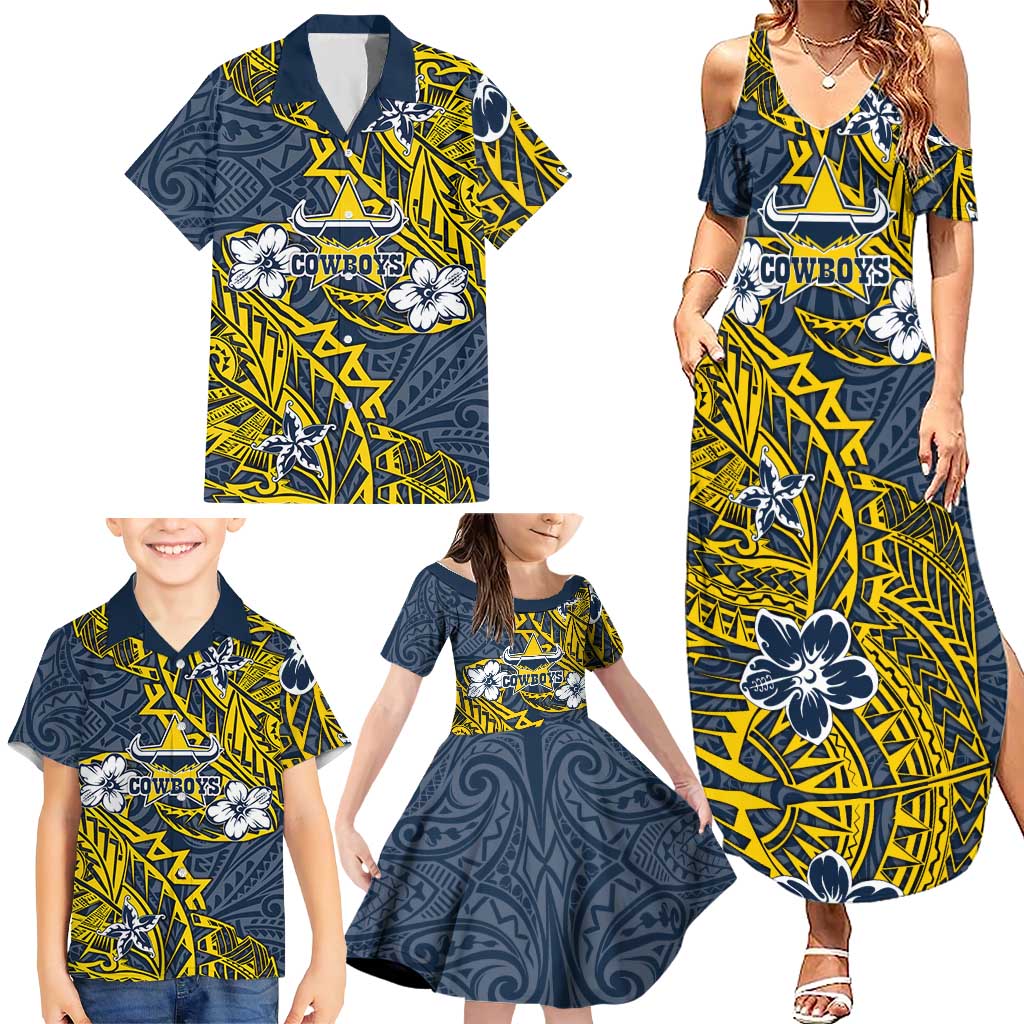Personalised North Queensland Cowboys Family Matching Summer Maxi Dress and Hawaiian Shirt Polynesian Tribal Pattern With Rugby Bull Mascot Art