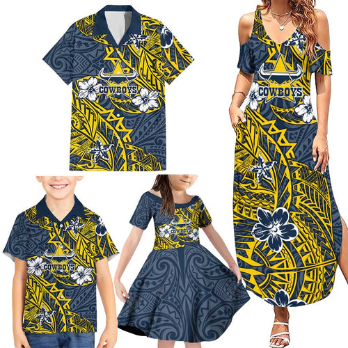 Personalised North Queensland Cowboys Family Matching Summer Maxi Dress and Hawaiian Shirt Polynesian Tribal Pattern With Rugby Bull Mascot Art