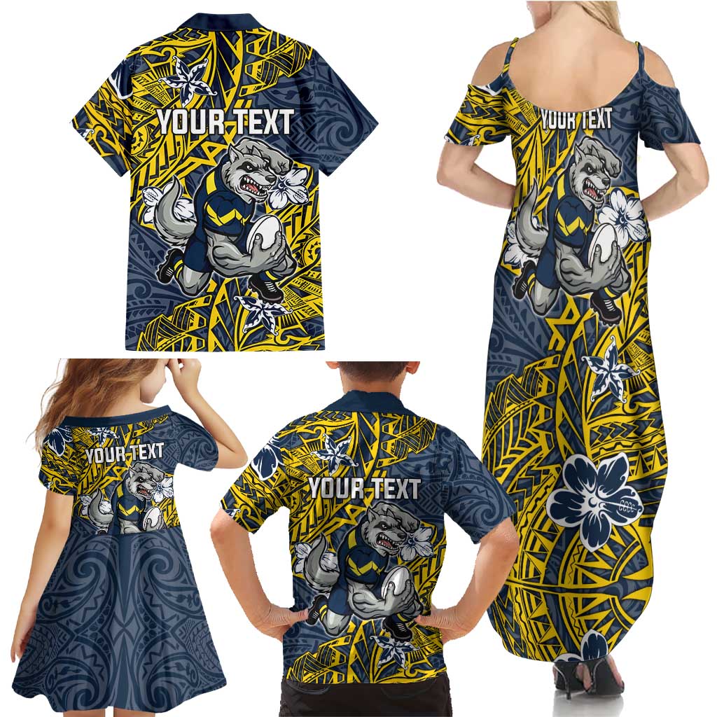 Personalised North Queensland Cowboys Family Matching Summer Maxi Dress and Hawaiian Shirt Polynesian Tribal Pattern With Rugby Bull Mascot Art