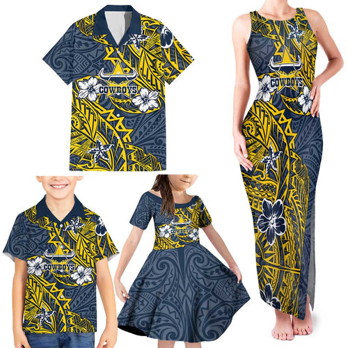 Personalised North Queensland Cowboys Family Matching Tank Maxi Dress and Hawaiian Shirt Polynesian Tribal Pattern With Rugby Bull Mascot Art