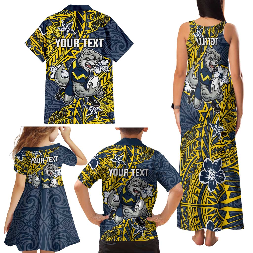 Personalised North Queensland Cowboys Family Matching Tank Maxi Dress and Hawaiian Shirt Polynesian Tribal Pattern With Rugby Bull Mascot Art