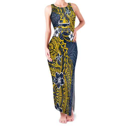 Personalised North Queensland Cowboys Family Matching Tank Maxi Dress and Hawaiian Shirt Polynesian Tribal Pattern With Rugby Bull Mascot Art