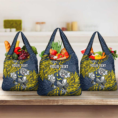 Personalised North Queensland Cowboys Grocery Bag Polynesian Tribal Pattern With Rugby Bull Mascot Art