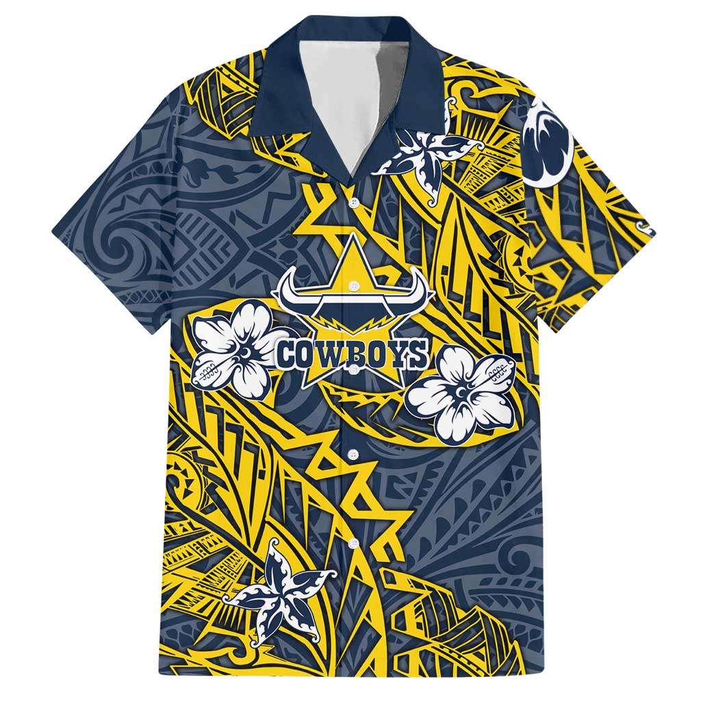 Personalised North Queensland Cowboys Hawaiian Shirt Polynesian Tribal Pattern With Rugby Bull Mascot Art
