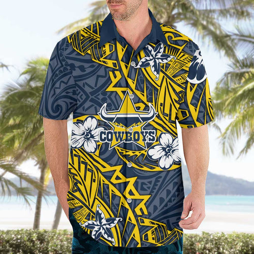 Personalised North Queensland Cowboys Hawaiian Shirt Polynesian Tribal Pattern With Rugby Bull Mascot Art
