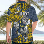 Personalised North Queensland Cowboys Hawaiian Shirt Polynesian Tribal Pattern With Rugby Bull Mascot Art
