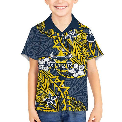 Personalised North Queensland Cowboys Hawaiian Shirt Polynesian Tribal Pattern With Rugby Bull Mascot Art