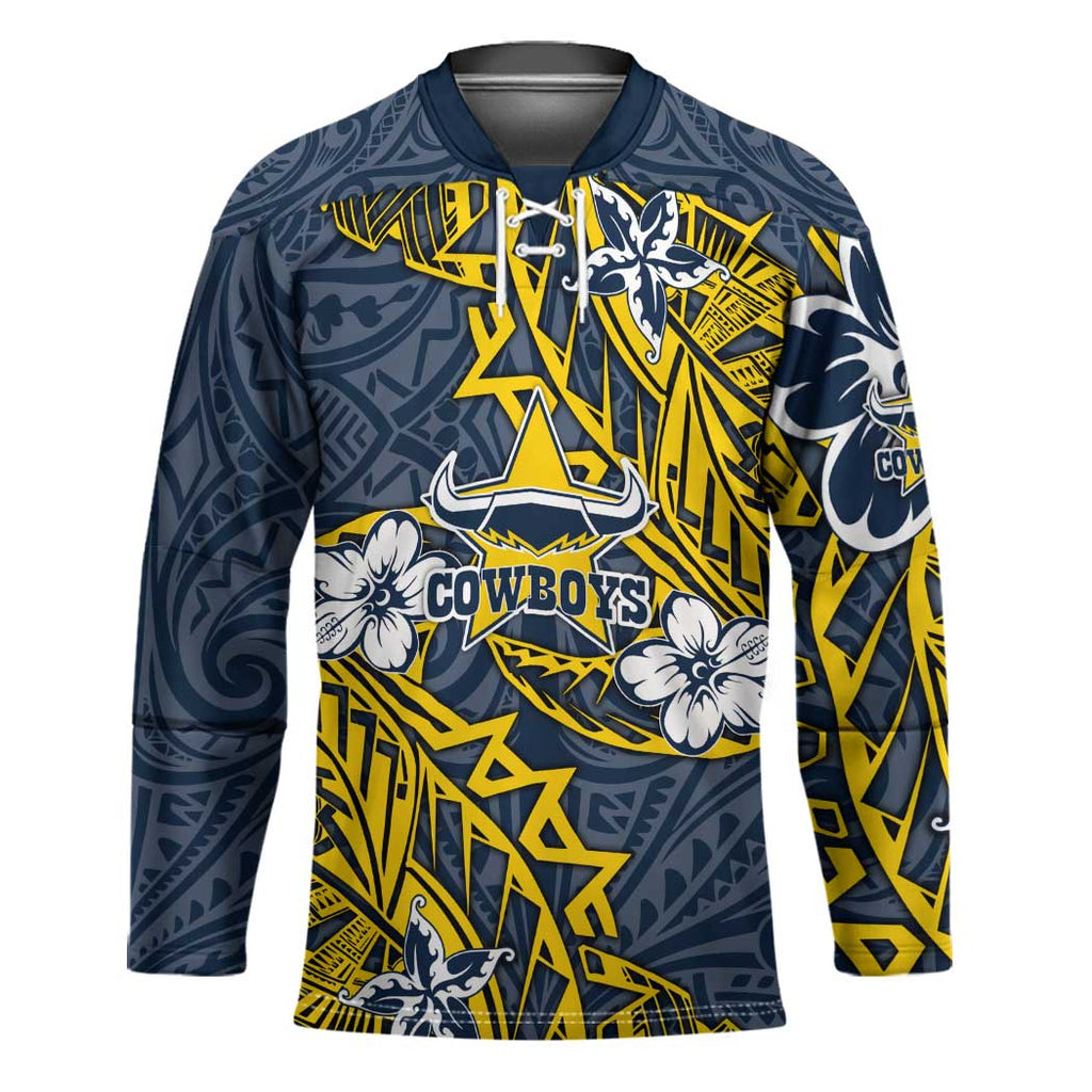 Personalised North Queensland Cowboys Hockey Jersey Polynesian Tribal Pattern With Rugby Bull Mascot Art