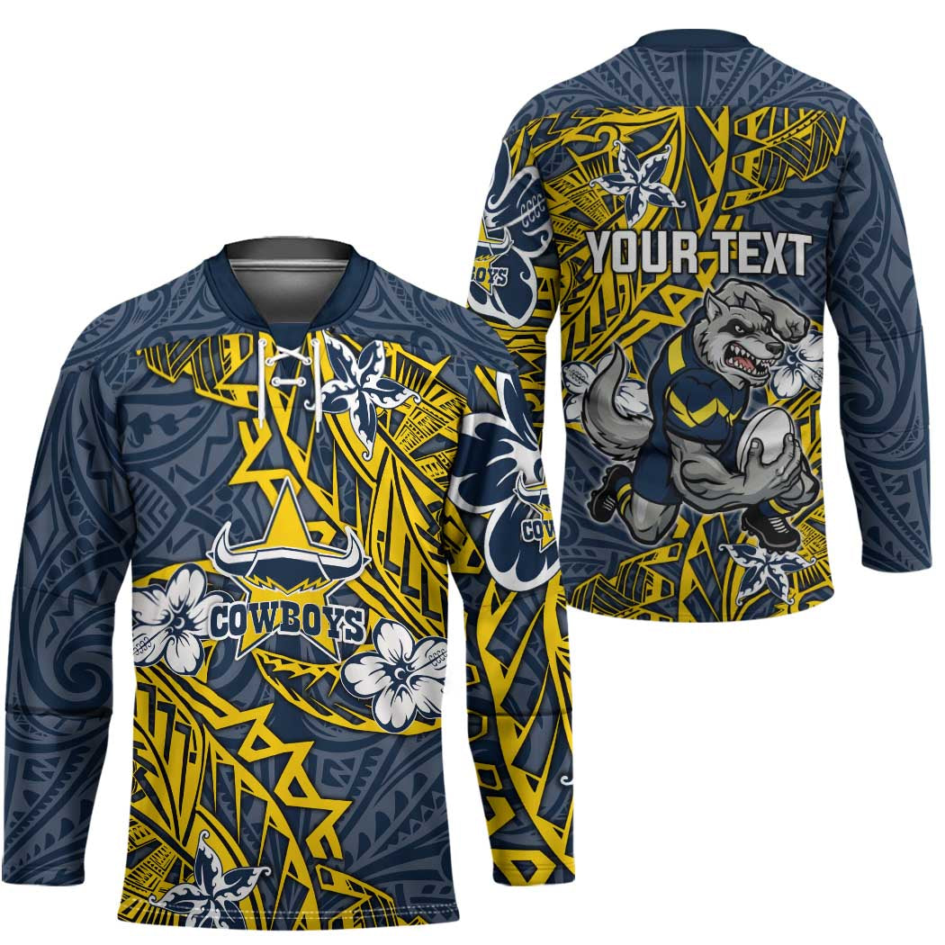Personalised North Queensland Cowboys Hockey Jersey Polynesian Tribal Pattern With Rugby Bull Mascot Art