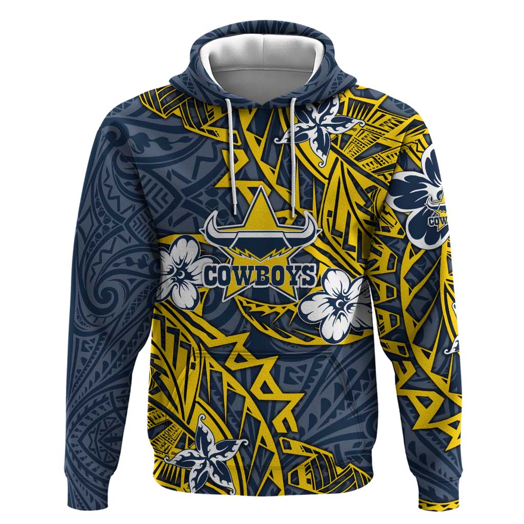 Personalised North Queensland Cowboys Hoodie Polynesian Tribal Pattern With Rugby Bull Mascot Art