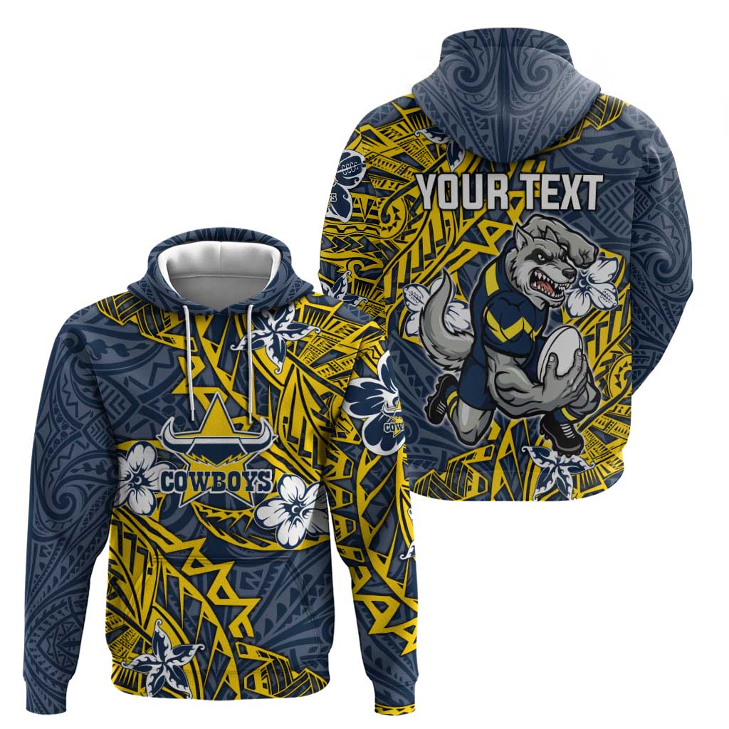Personalised North Queensland Cowboys Hoodie Polynesian Tribal Pattern With Rugby Bull Mascot Art