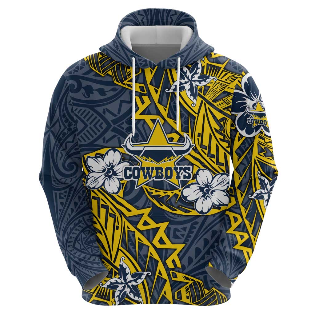 Personalised North Queensland Cowboys Hoodie Polynesian Tribal Pattern With Rugby Bull Mascot Art