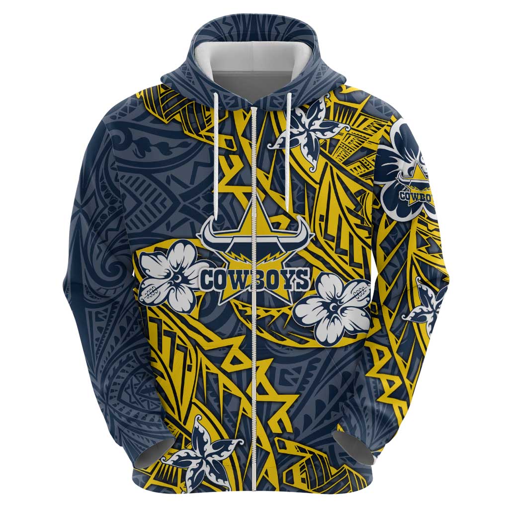 Personalised North Queensland Cowboys Hoodie Polynesian Tribal Pattern With Rugby Bull Mascot Art