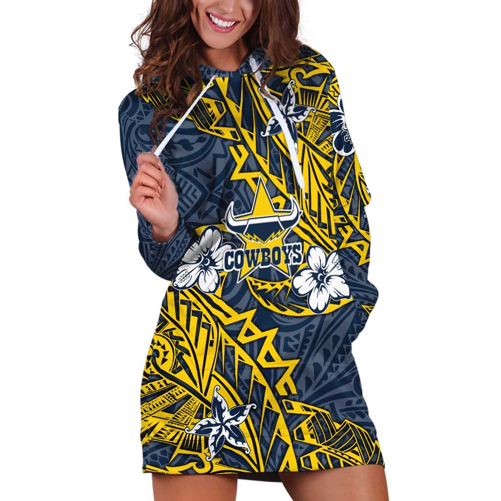 Personalised North Queensland Cowboys Hoodie Dress Polynesian Tribal Pattern With Rugby Bull Mascot Art