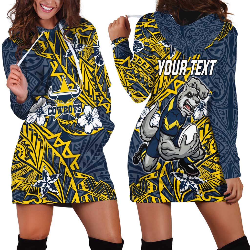 Personalised North Queensland Cowboys Hoodie Dress Polynesian Tribal Pattern With Rugby Bull Mascot Art