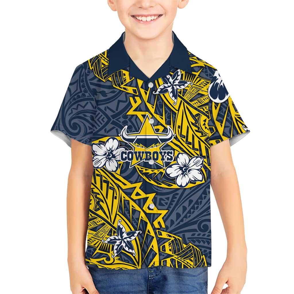 Personalised North Queensland Cowboys Kid Hawaiian Shirt Polynesian Tribal Pattern With Rugby Bull Mascot Art