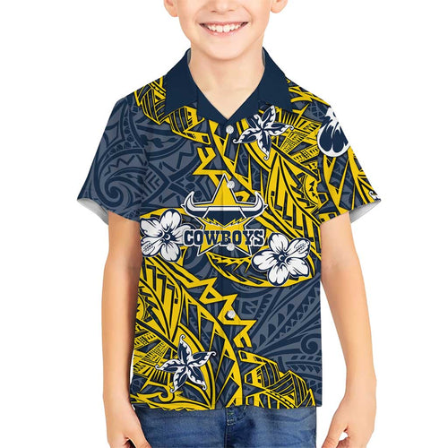Personalised North Queensland Cowboys Kid Hawaiian Shirt Polynesian Tribal Pattern With Rugby Bull Mascot Art