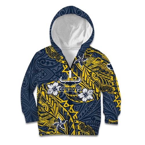 Personalised North Queensland Cowboys Kid Hoodie Polynesian Tribal Pattern With Rugby Bull Mascot Art