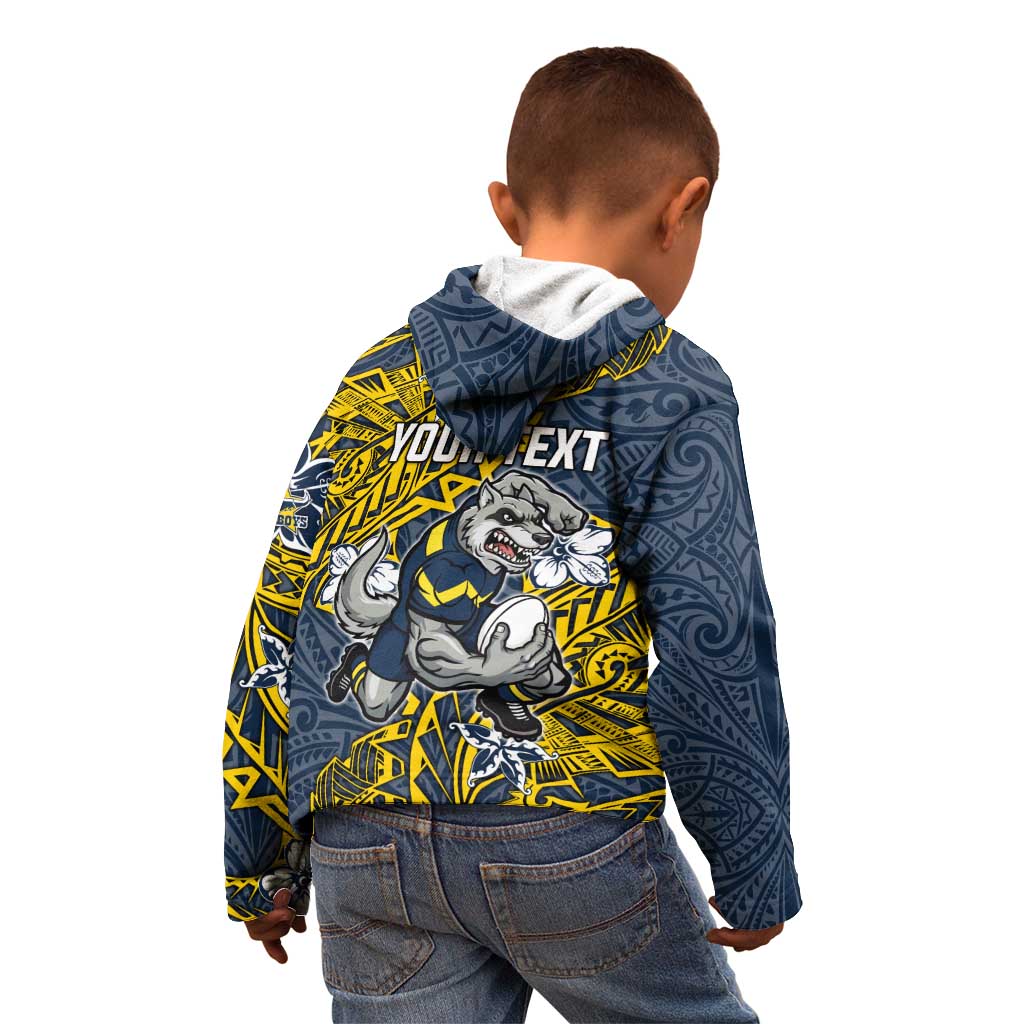 Personalised North Queensland Cowboys Kid Hoodie Polynesian Tribal Pattern With Rugby Bull Mascot Art
