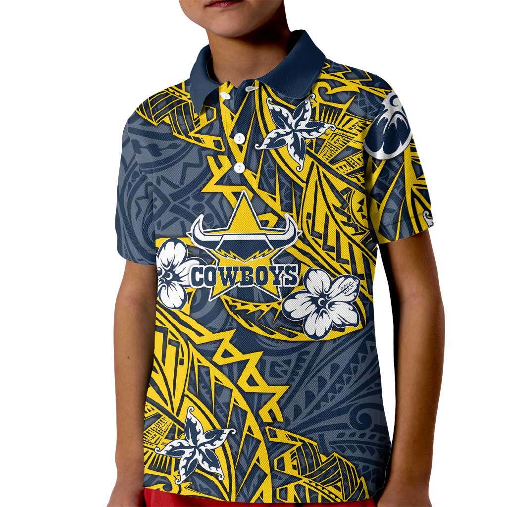 Personalised North Queensland Cowboys Kid Polo Shirt Polynesian Tribal Pattern With Rugby Bull Mascot Art