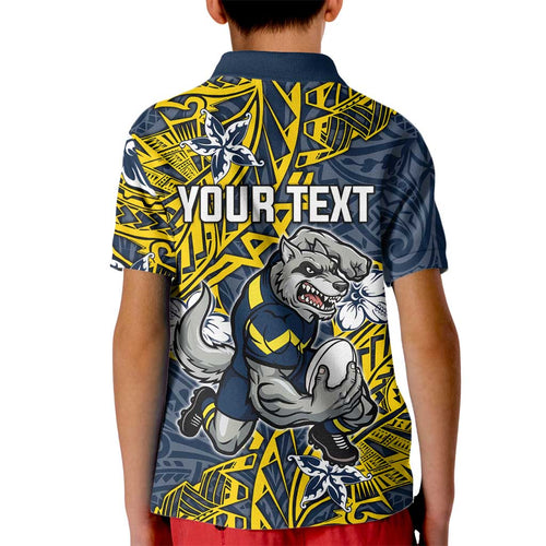 Personalised North Queensland Cowboys Kid Polo Shirt Polynesian Tribal Pattern With Rugby Bull Mascot Art