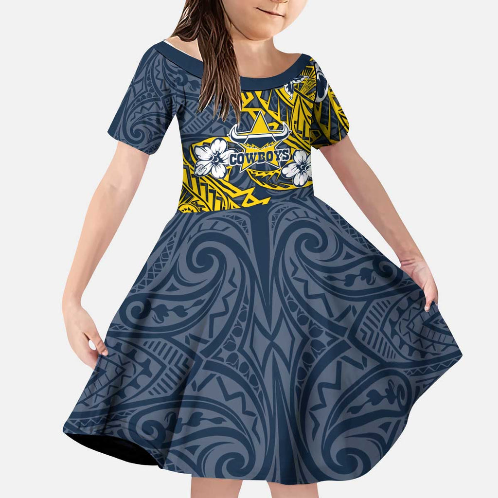 Personalised North Queensland Cowboys Kid Short Sleeve Dress Polynesian Tribal Pattern With Rugby Bull Mascot Art