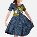 Personalised North Queensland Cowboys Kid Short Sleeve Dress Polynesian Tribal Pattern With Rugby Bull Mascot Art