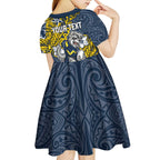 Personalised North Queensland Cowboys Kid Short Sleeve Dress Polynesian Tribal Pattern With Rugby Bull Mascot Art