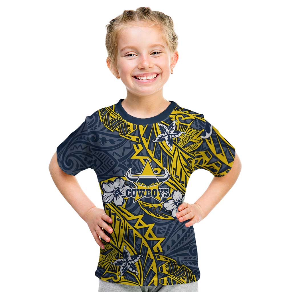 Personalised North Queensland Cowboys Kid T Shirt Polynesian Tribal Pattern With Rugby Bull Mascot Art