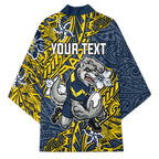 Personalised North Queensland Cowboys Kimono Polynesian Tribal Pattern With Rugby Bull Mascot Art