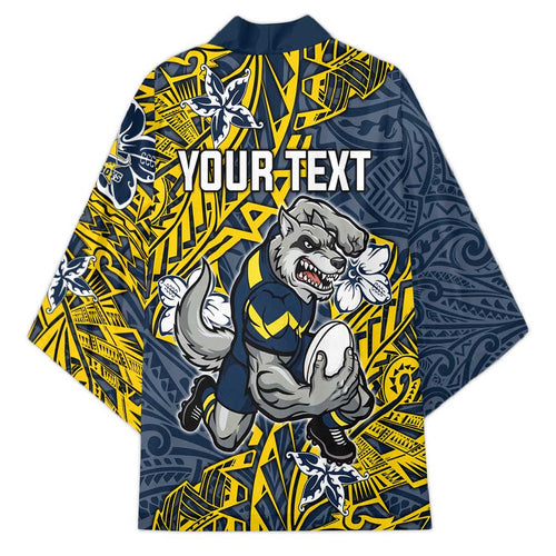 Personalised North Queensland Cowboys Kimono Polynesian Tribal Pattern With Rugby Bull Mascot Art