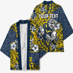 Personalised North Queensland Cowboys Kimono Polynesian Tribal Pattern With Rugby Bull Mascot Art
