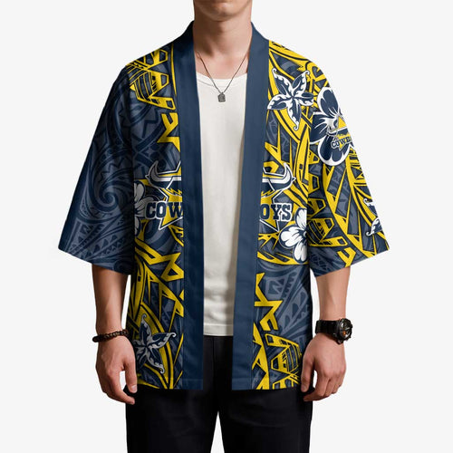Personalised North Queensland Cowboys Kimono Polynesian Tribal Pattern With Rugby Bull Mascot Art
