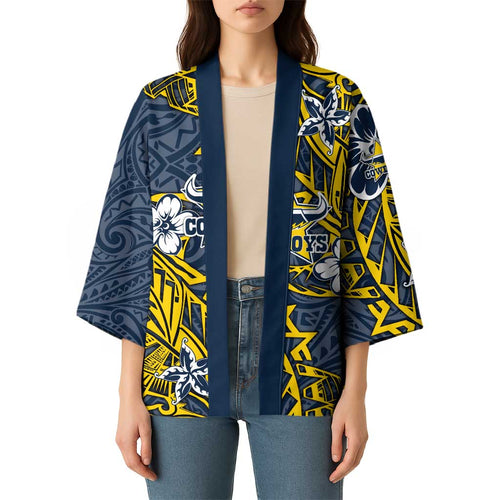 Personalised North Queensland Cowboys Kimono Polynesian Tribal Pattern With Rugby Bull Mascot Art