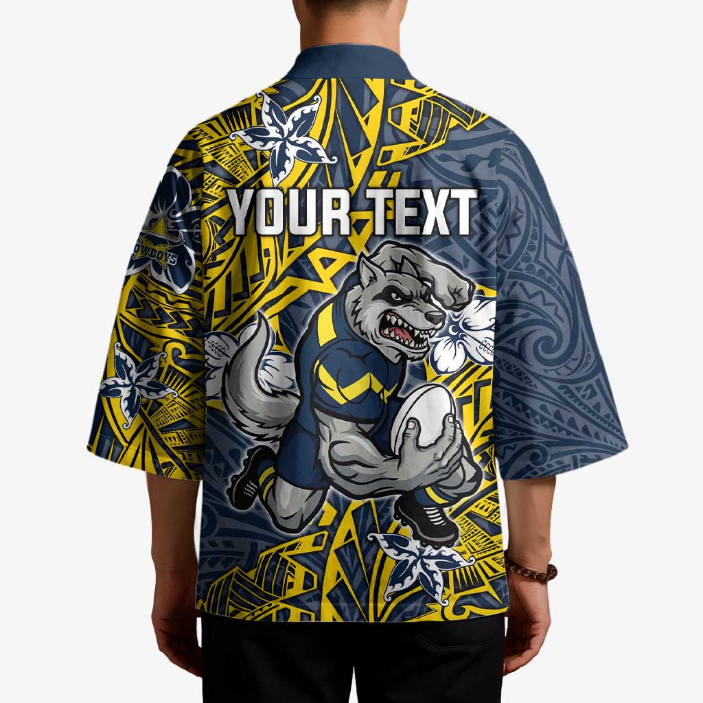 Personalised North Queensland Cowboys Kimono Polynesian Tribal Pattern With Rugby Bull Mascot Art