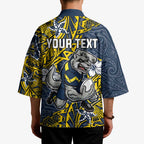 Personalised North Queensland Cowboys Kimono Polynesian Tribal Pattern With Rugby Bull Mascot Art
