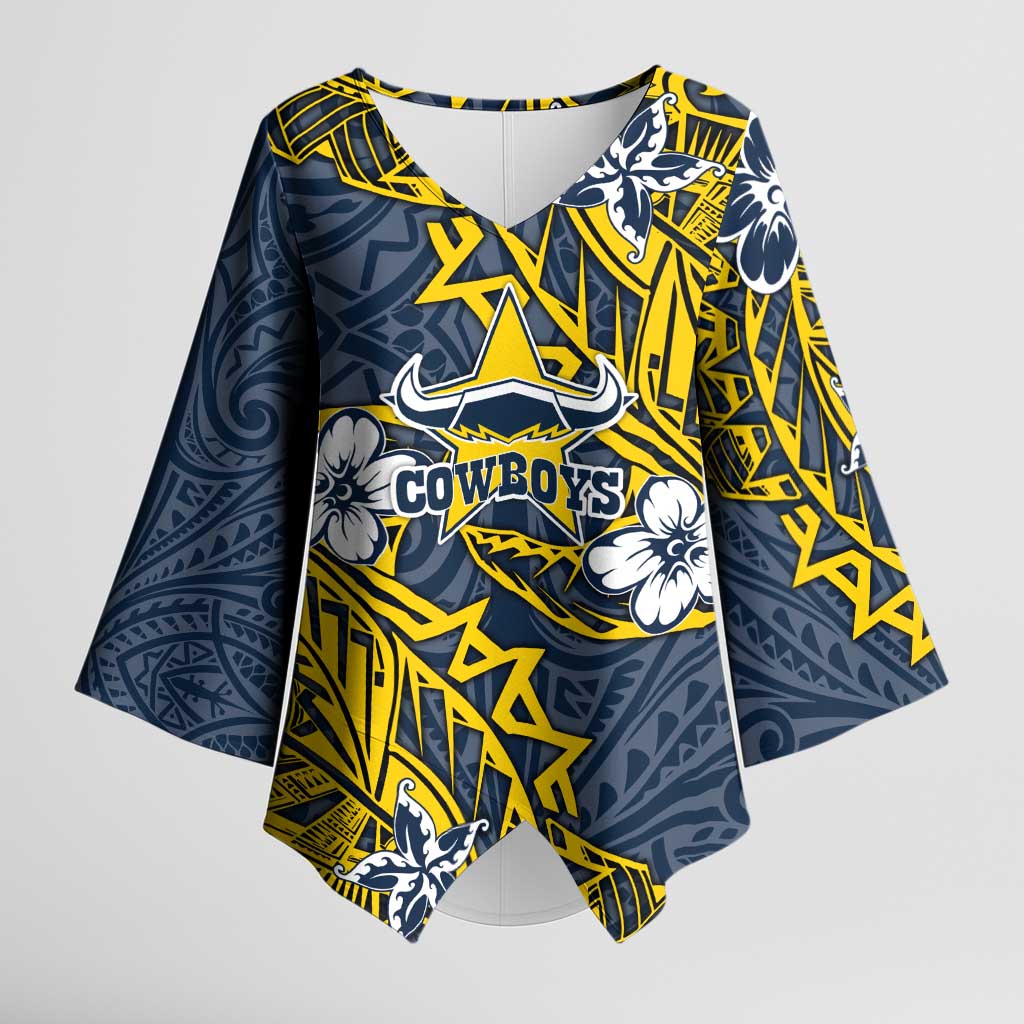 Personalised North Queensland Cowboys Kimono Sleeve Blouse Polynesian Tribal Pattern With Rugby Bull Mascot Art