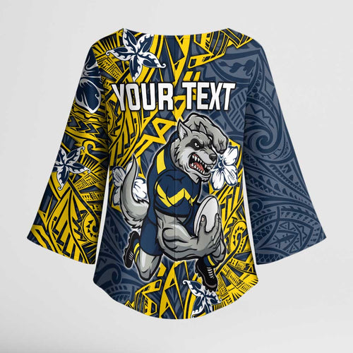 Personalised North Queensland Cowboys Kimono Sleeve Blouse Polynesian Tribal Pattern With Rugby Bull Mascot Art