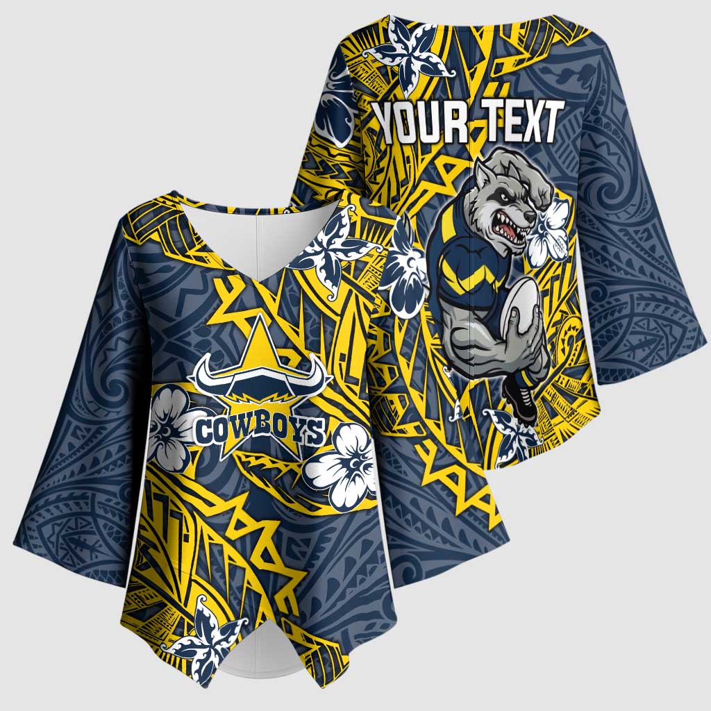 Personalised North Queensland Cowboys Kimono Sleeve Blouse Polynesian Tribal Pattern With Rugby Bull Mascot Art