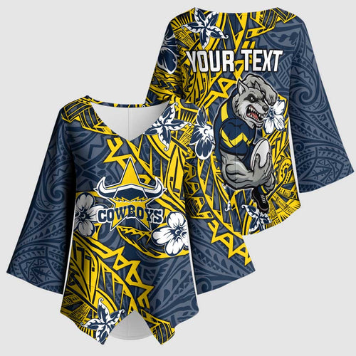 Personalised North Queensland Cowboys Kimono Sleeve Blouse Polynesian Tribal Pattern With Rugby Bull Mascot Art