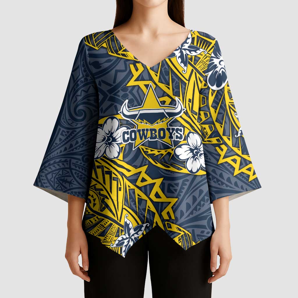 Personalised North Queensland Cowboys Kimono Sleeve Blouse Polynesian Tribal Pattern With Rugby Bull Mascot Art