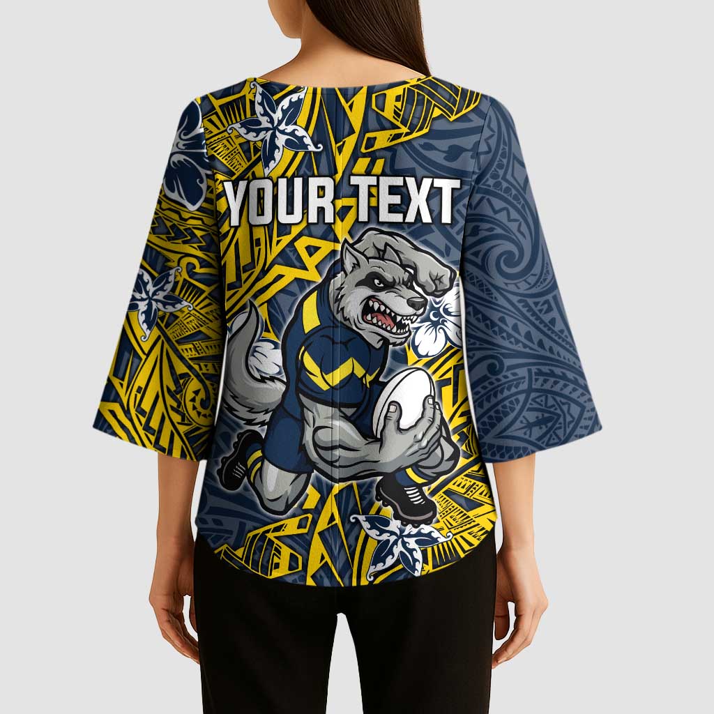 Personalised North Queensland Cowboys Kimono Sleeve Blouse Polynesian Tribal Pattern With Rugby Bull Mascot Art