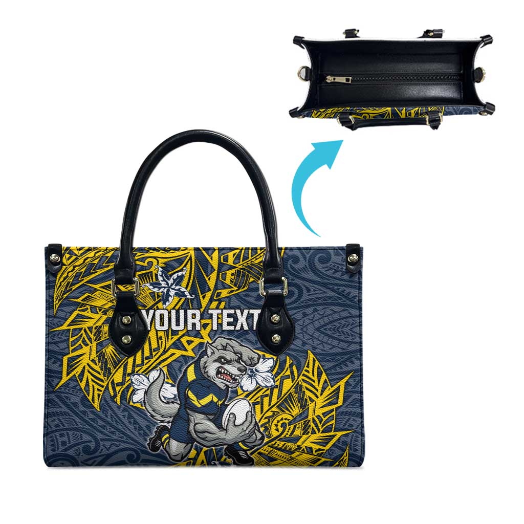 Personalised North Queensland Cowboys Leather Bag Polynesian Tribal Pattern With Rugby Bull Mascot Art