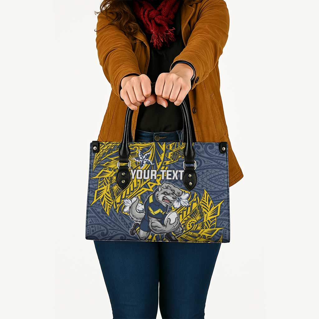 Personalised North Queensland Cowboys Leather Bag Polynesian Tribal Pattern With Rugby Bull Mascot Art