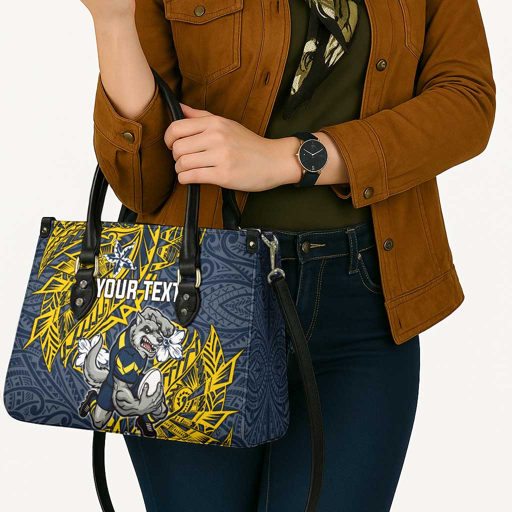 Personalised North Queensland Cowboys Leather Bag Polynesian Tribal Pattern With Rugby Bull Mascot Art