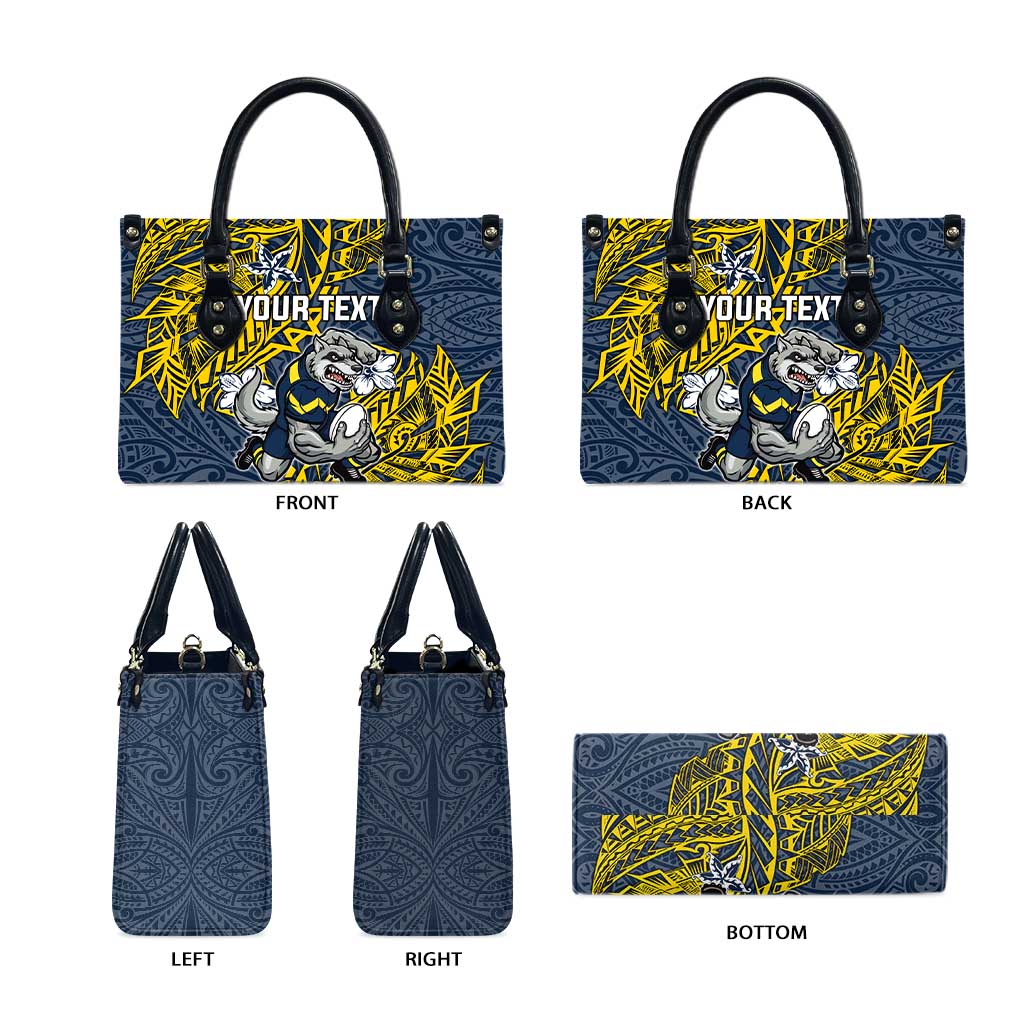 Personalised North Queensland Cowboys Leather Bag Polynesian Tribal Pattern With Rugby Bull Mascot Art
