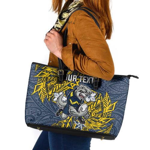 Personalised North Queensland Cowboys Leather Tote Bag Polynesian Tribal Pattern With Rugby Bull Mascot Art