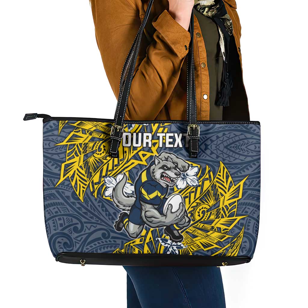 Personalised North Queensland Cowboys Leather Tote Bag Polynesian Tribal Pattern With Rugby Bull Mascot Art
