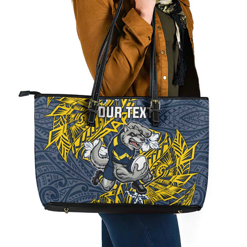 Personalised North Queensland Cowboys Leather Tote Bag Polynesian Tribal Pattern With Rugby Bull Mascot Art